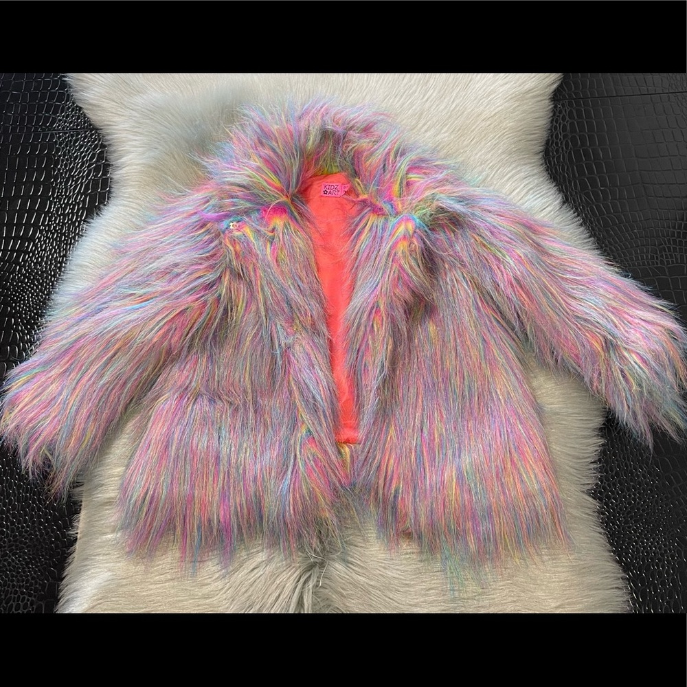 Kidz Art Multicolor Rainbow Fur Jacket Furry Size 3Y